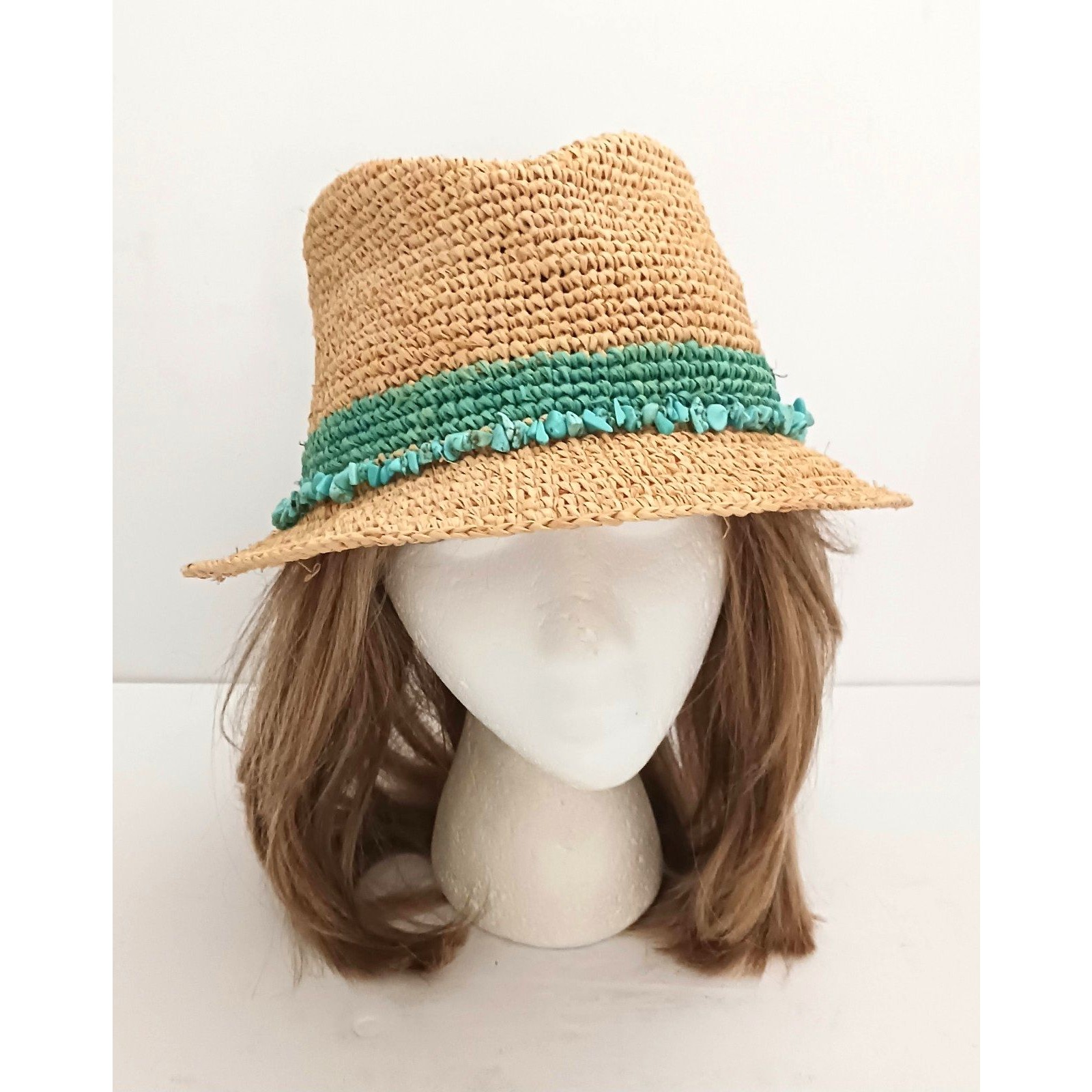 Wallaroo Hat Co Tahiti Fedora 100% Raffia Turquoise Band W Matching Stones O/S — image 5 of 8